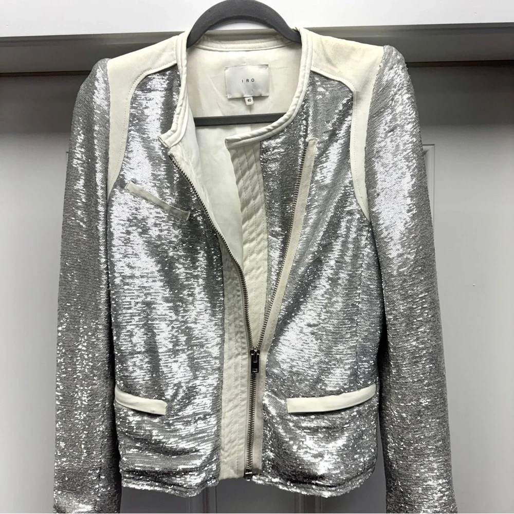 IRO Paris Silver Sequin "Hadley" Moto Blazer with White Leather - Picture 13 of 16